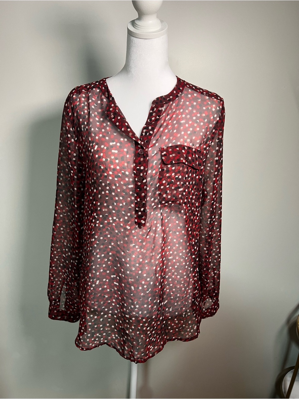 Liz Claiborne Burgundy Sheer Polka Dot Blouse